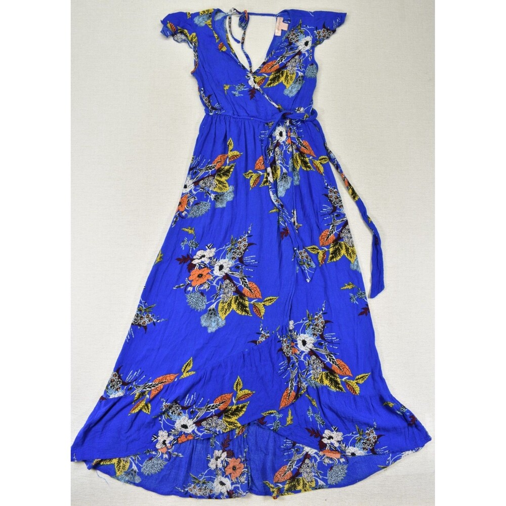 Band of Gypsies Floral Wrap Maxi Dress Royal Blue Flutter Sleeve Women's Size XS